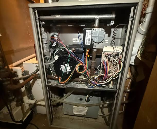 HVAC furnace with exposed internal components during maintenance inspection.